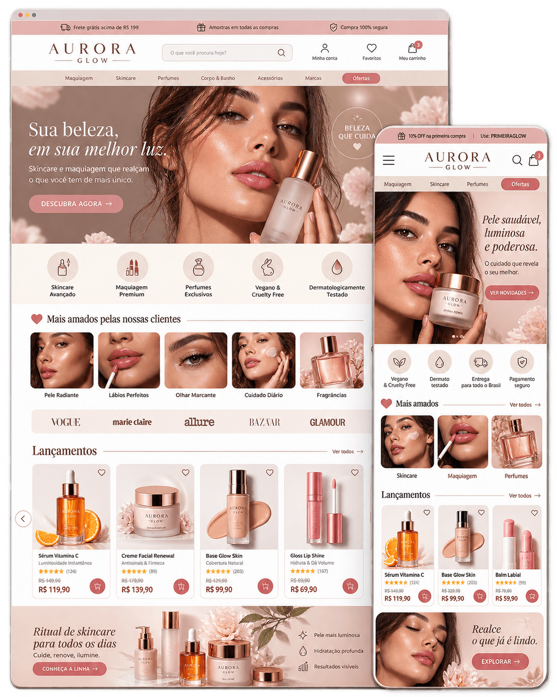 Exemplo de loja de beleza em desktop e celular